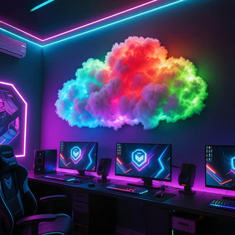 Modern gaming setup with multiple monitors, a chair, and colorful cloud decoration on a dark wall.