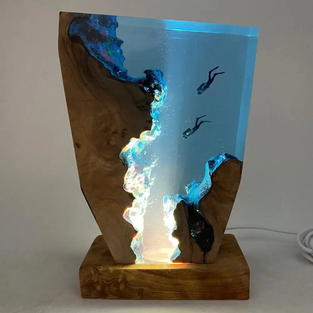 Deep Sea Diver Table Lamp – Artistic Resin and Wood Design for Bedroom or Living Room, USB Powered Ambient Lighting 2
