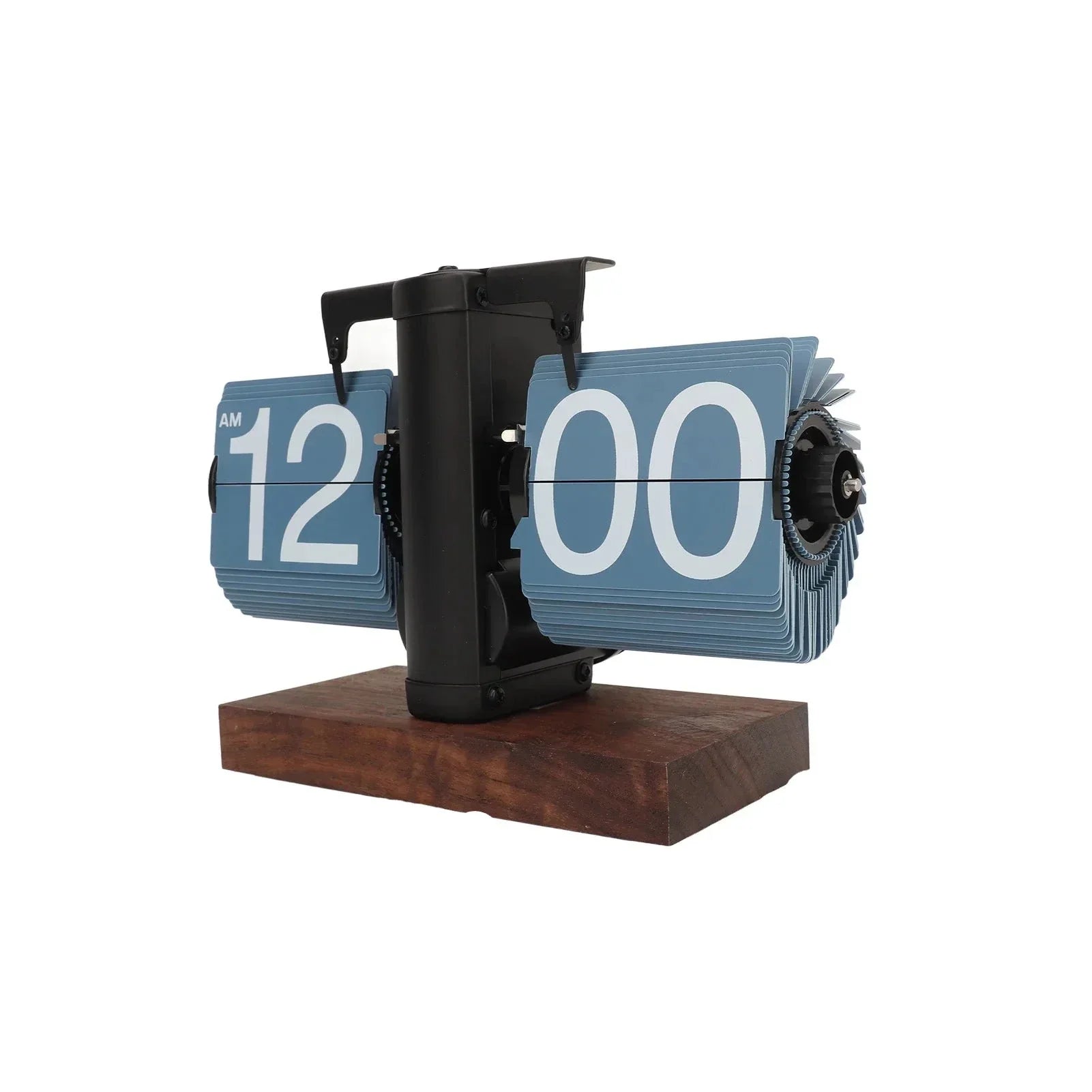 Flip clock with blue face and wooden base on a white background