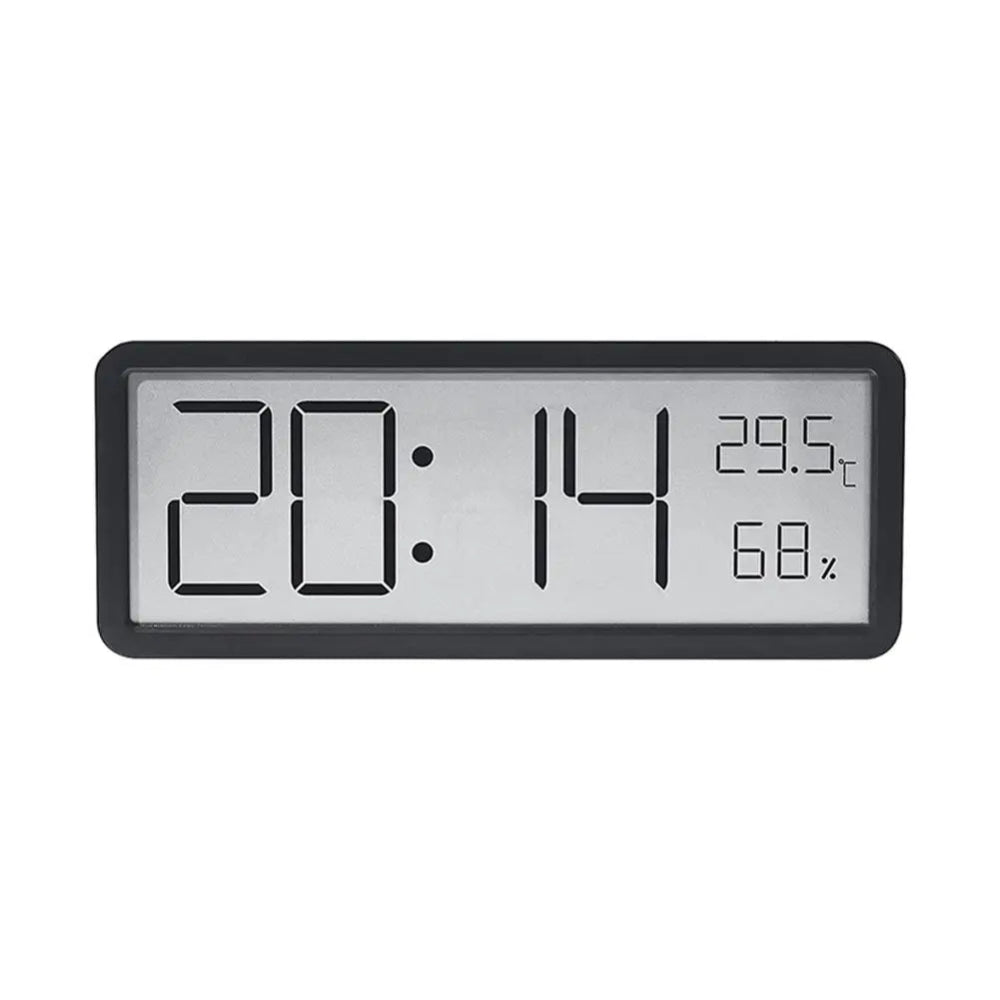Digital clock with time, temperature, and humidity display on a white background
