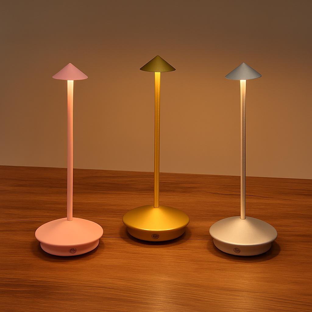 Three colorful table lamps on a wooden surface with a warm brown background