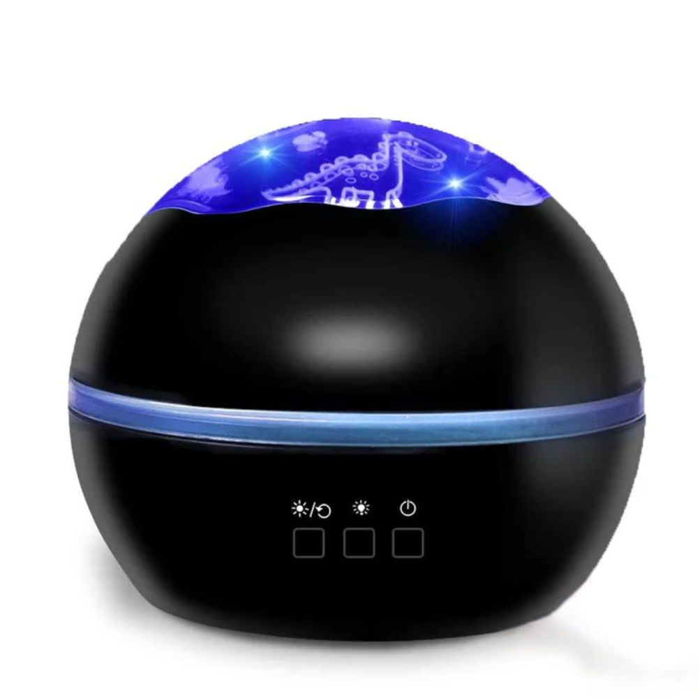 Black and blue spherical device with LED lights on a white background