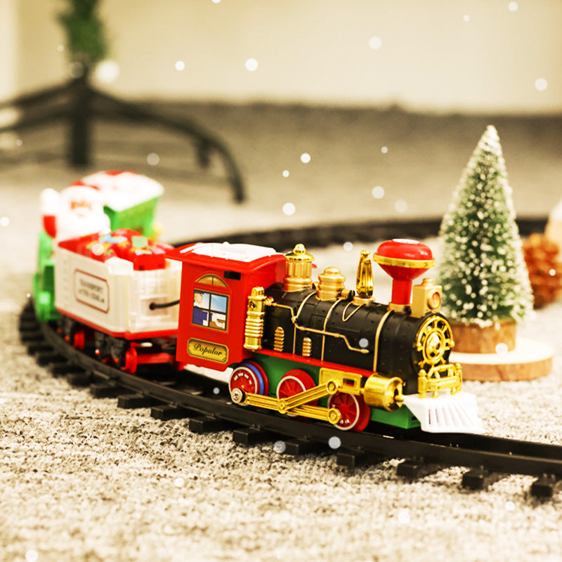 Toy train set on a track with decorative elements in a festive setting