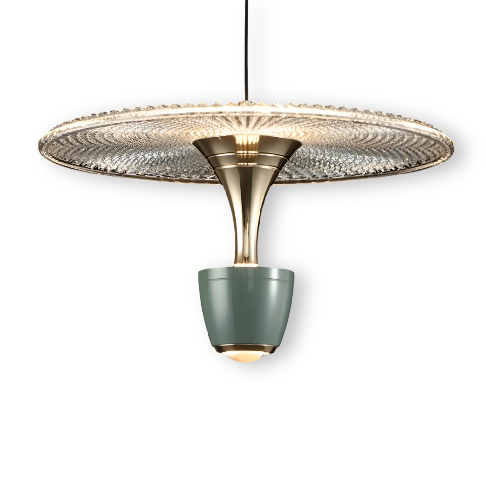 Modern pendant light with gold and green design on a white background