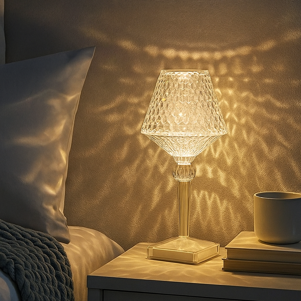Elegant Crystal Table Lamp for Living Room and Bedroom – Soft Light Bedside Table Lamp with LED, Clear and Silver Accents 0