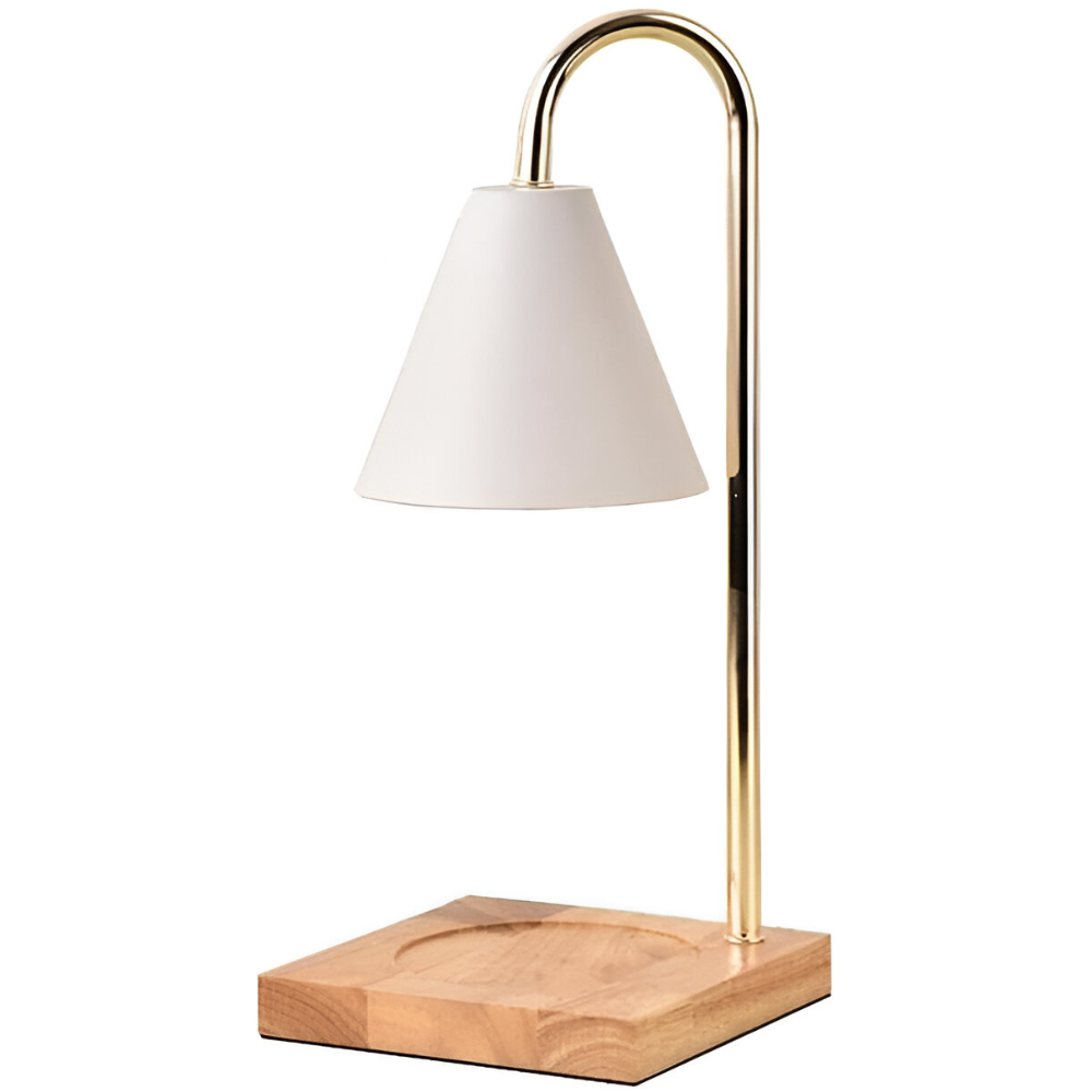 Table lamp with white shade, gold curved arm, and wooden base on a white background