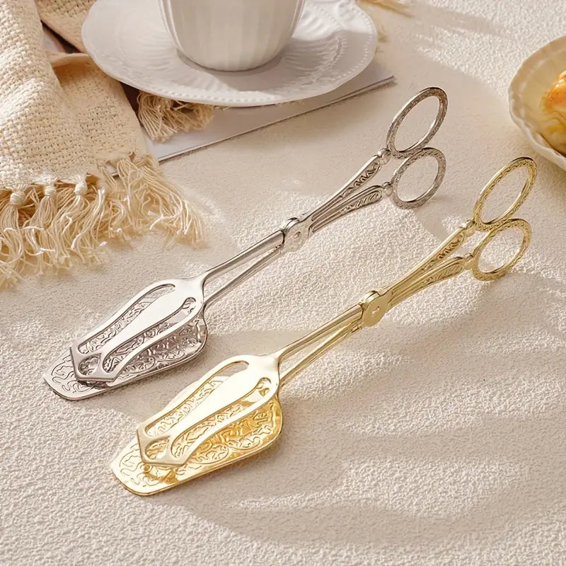 Elegant Stainless Steel Salad Server with Vintage Engravings and Scissor Tongs – Perfect for Cakes and Special Occasions 0