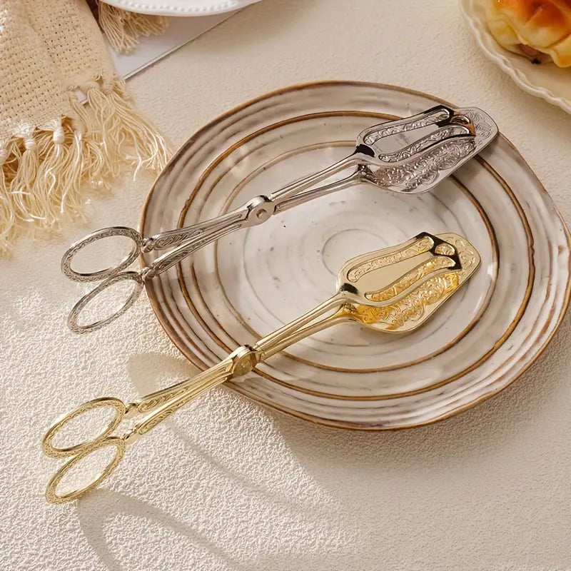 Elegant Stainless Steel Salad Server with Vintage Engravings and Scissor Tongs – Perfect for Cakes and Special Occasions 2