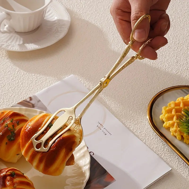 Elegant Stainless Steel Salad Server with Vintage Engravings and Scissor Tongs – Perfect for Cakes and Special Occasions 4