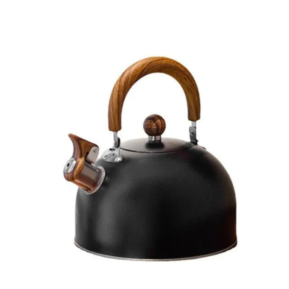 Black kettle with wooden handle and accents on a white background
