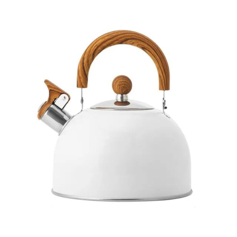 White kettle with wooden handle and lid knob on a white background
