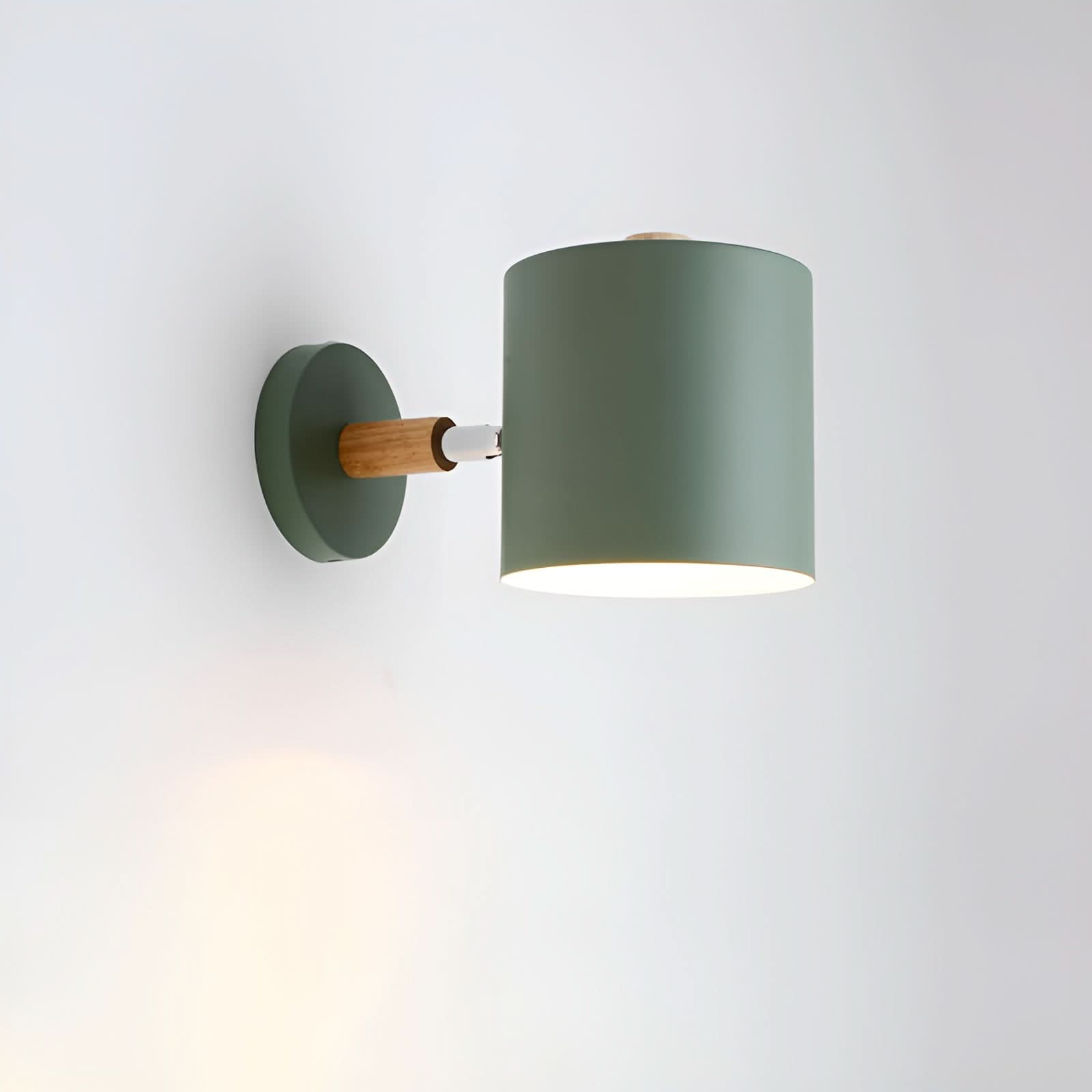 Green wall lamp with wooden accent on a white background