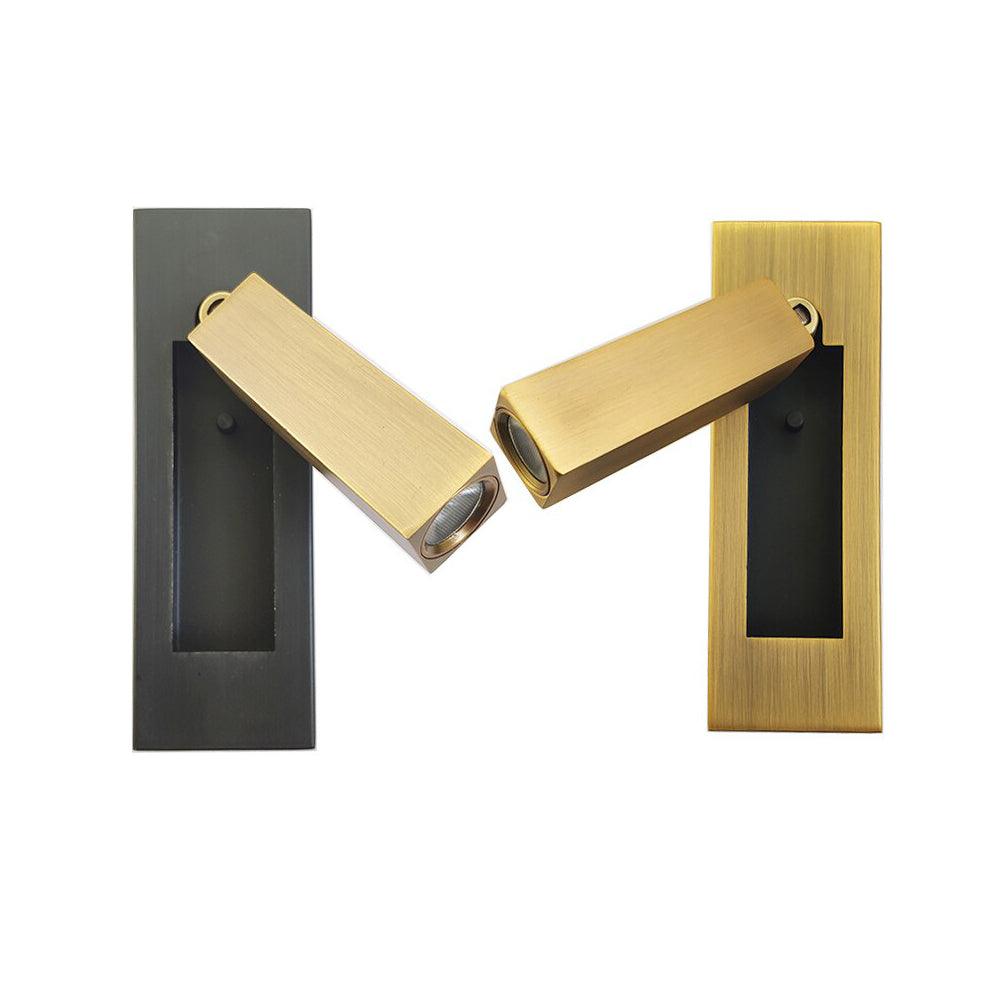 Pair of gold and black wall sconces on a white background