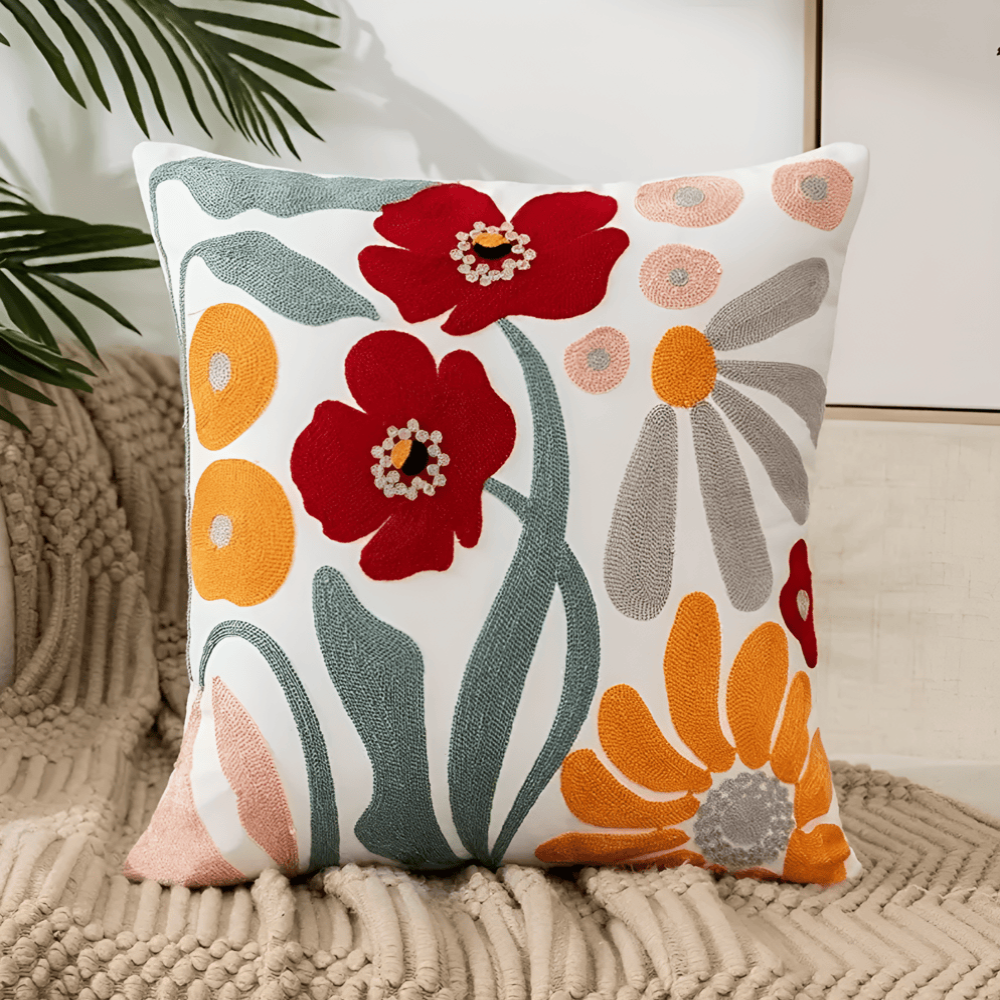 Embroidered Floral Cushion Cover – Soft Cotton Blend Decorative Pillow Cover 45cm x 45cm 0