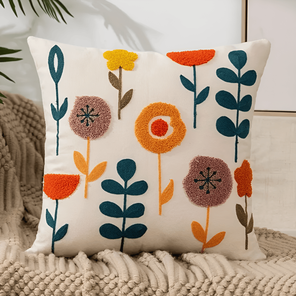 Embroidered Floral Cushion Cover – Soft Cotton Blend Decorative Pillow Cover 45cm x 45cm 1