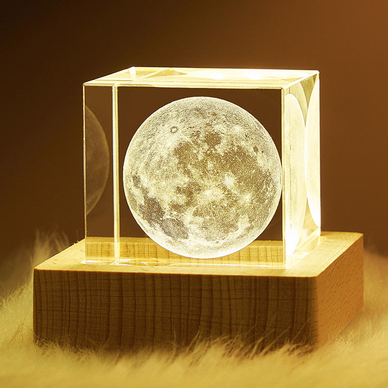 Engraved Crystal Moon Cube with Realistic NASA Design and Wooden Stand – 4-Inch Decorative Piece for Home Decor 0