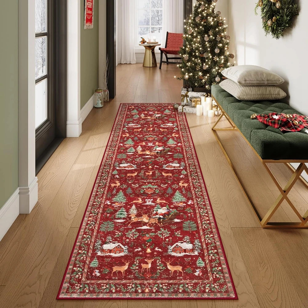 Decorative red runner rug with festive patterns on a wooden floor, next to a Christmas tree and bench.