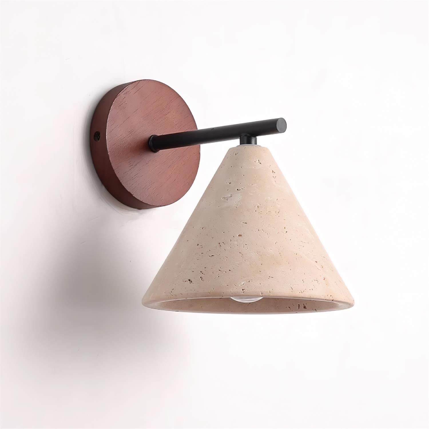 Wall-mounted lamp with wooden base and beige conical shade on a white background