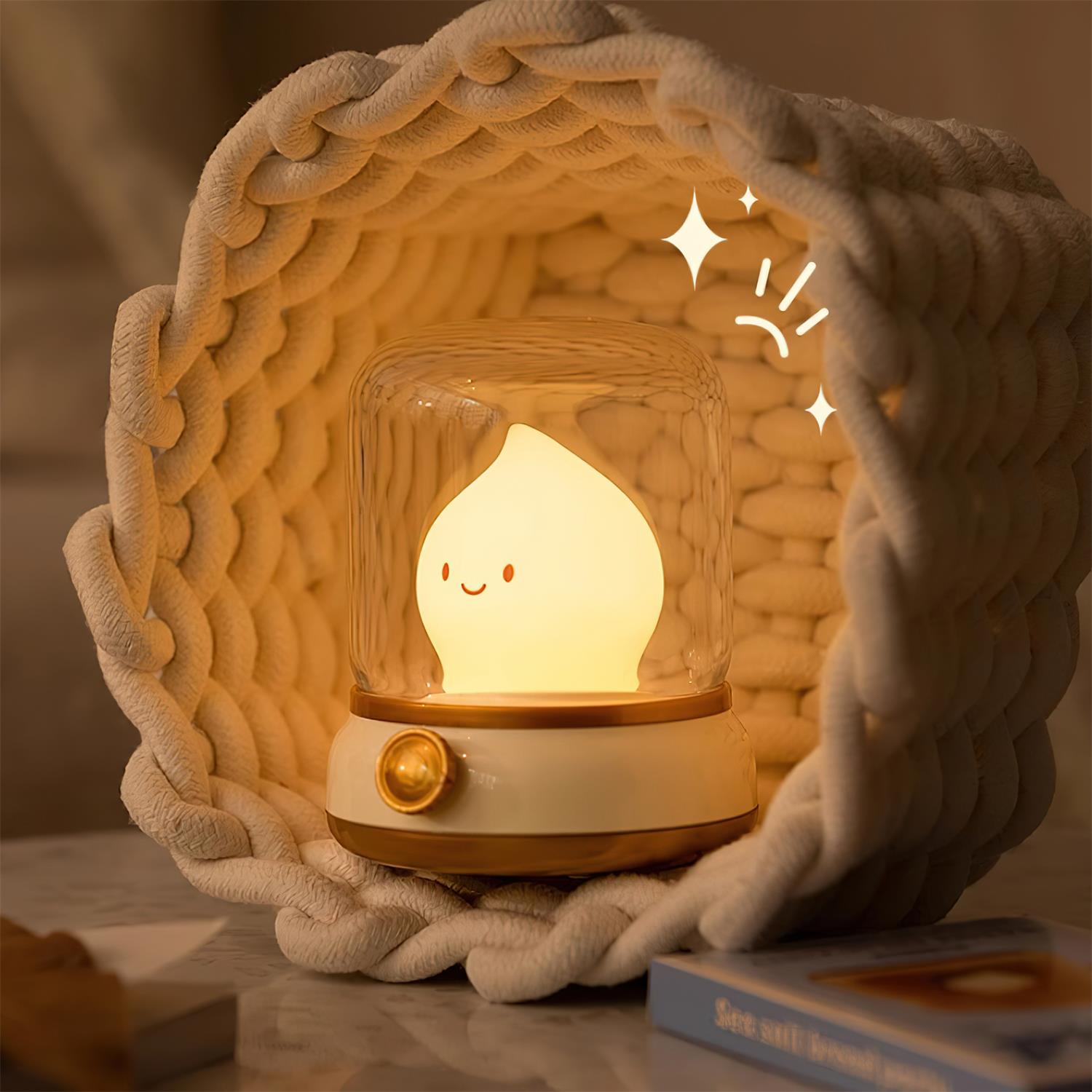 Cute lamp with a smiling face inside a woven basket on a soft background