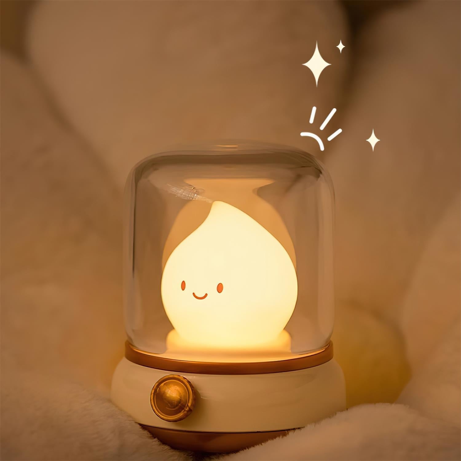 Cute lamp with a smiling face inside a glass dome on a soft, blurred background