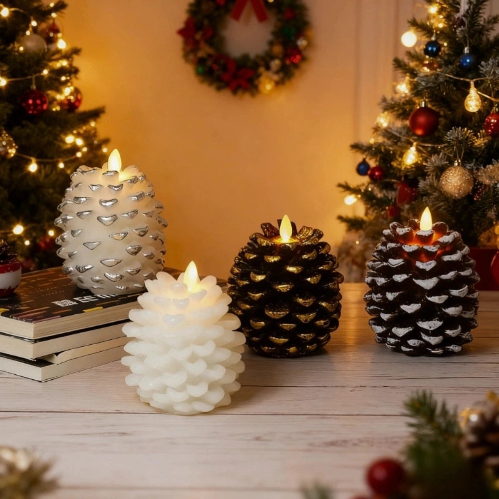 Decorative candles shaped like pinecones on a table with Christmas trees and wreaths in the background.