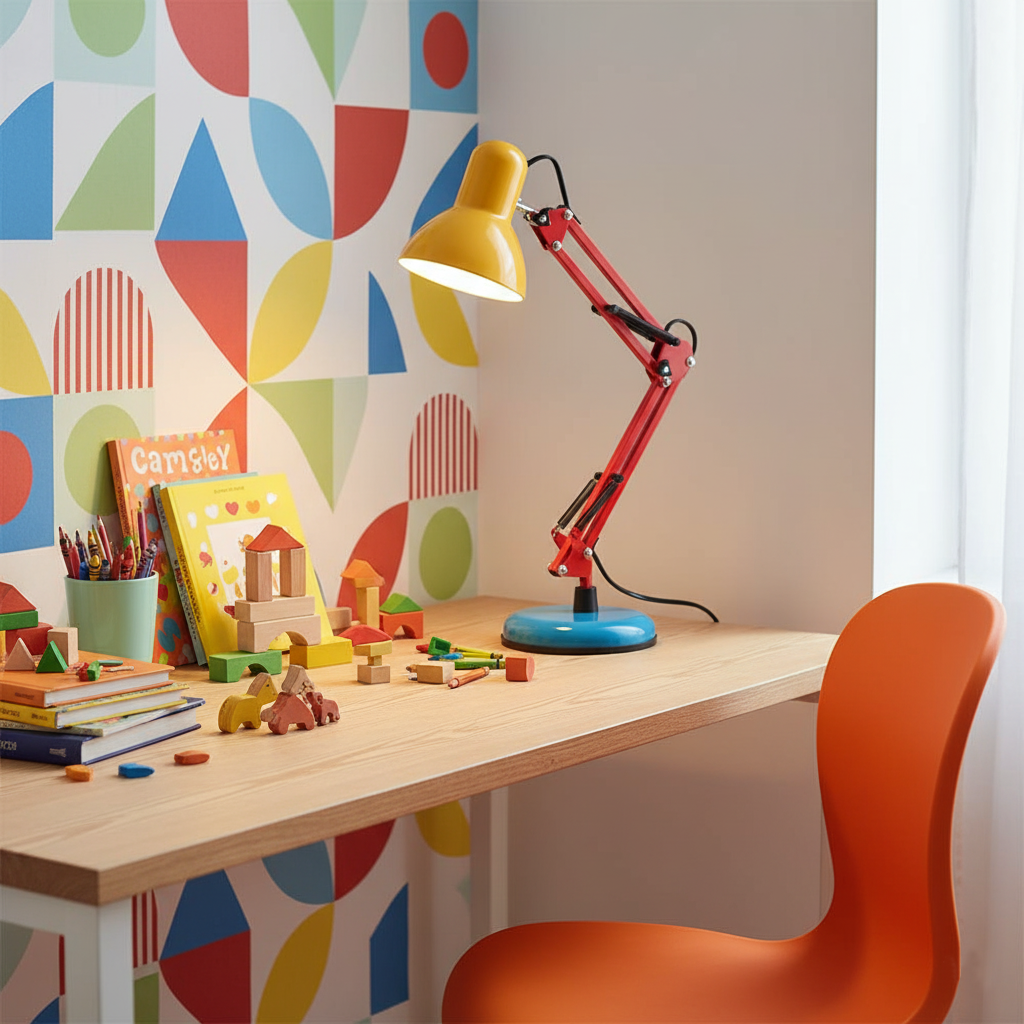 Children's desk with toys, books, and a colorful lamp against a geometric-patterned wall.