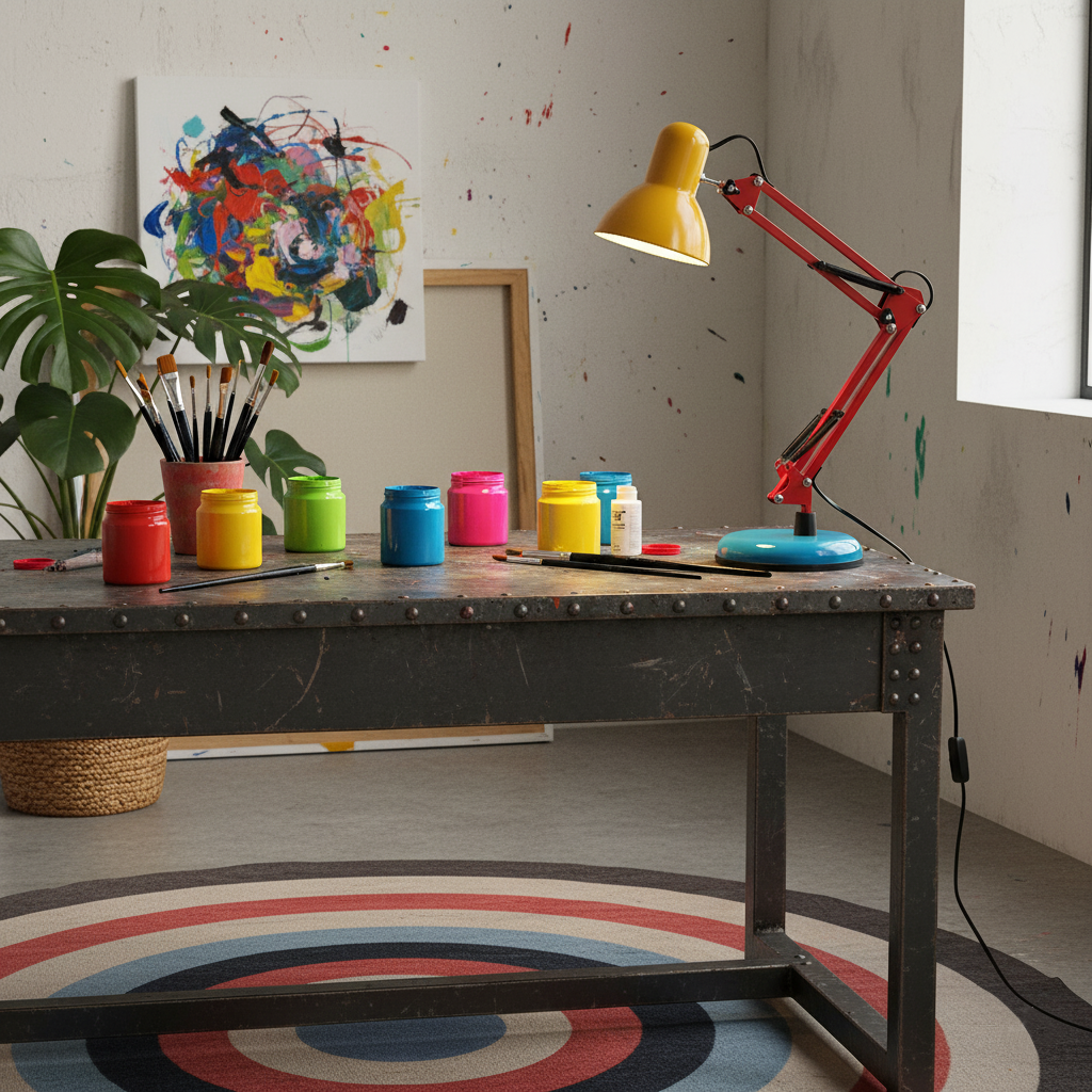 Artistic workspace with a desk, colorful paints, a lamp, and abstract art on the wall.