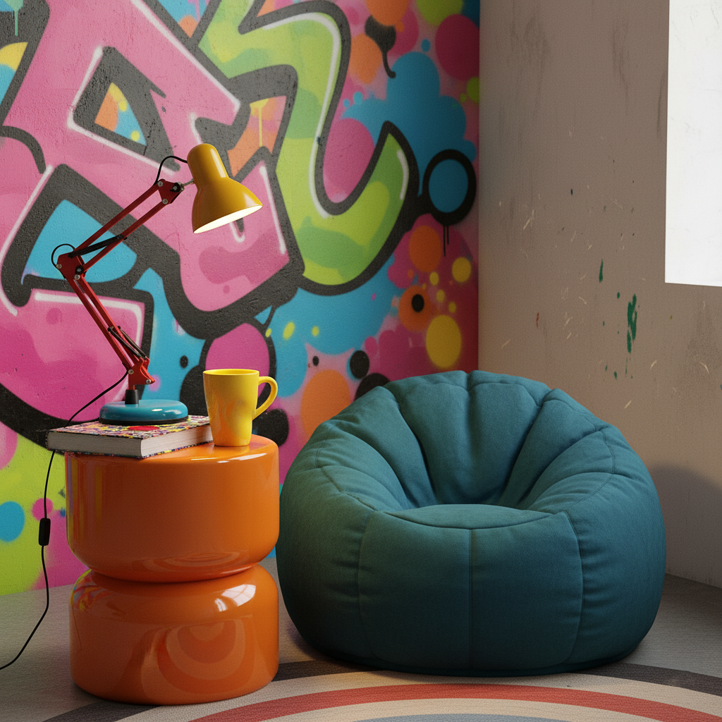Colorful room with a bean bag chair, orange table, and yellow lamp against a graffiti wall.