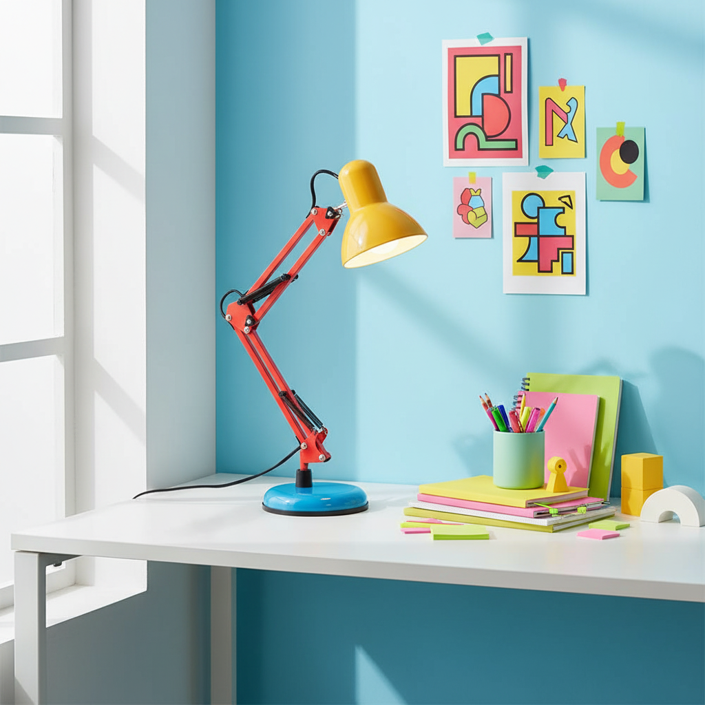 Colorful desk setup with a lamp, stationery, and wall art in a bright room.