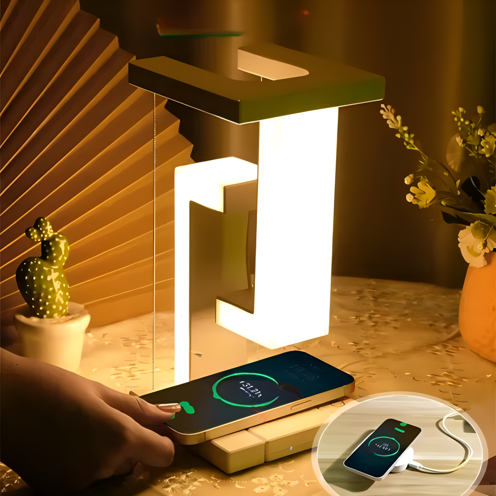 Floating LED Table Lamp with Wireless Charging Pad, Modern Design for Bedroom or Living Room Lighting 0