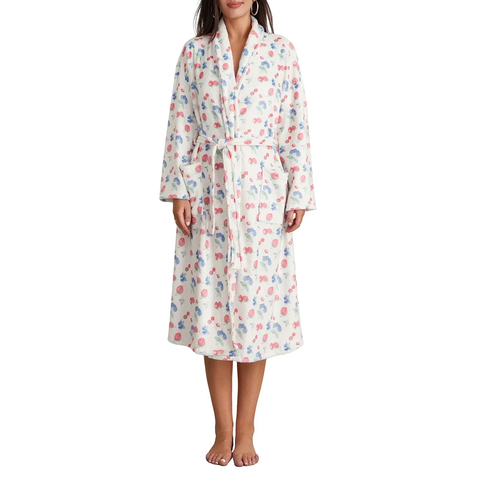 Floral Print Women's Dressing Gown – Soft Flannel Bathrobe with Shawl Collar and Adjustable Belt for Cozy Comfort 7