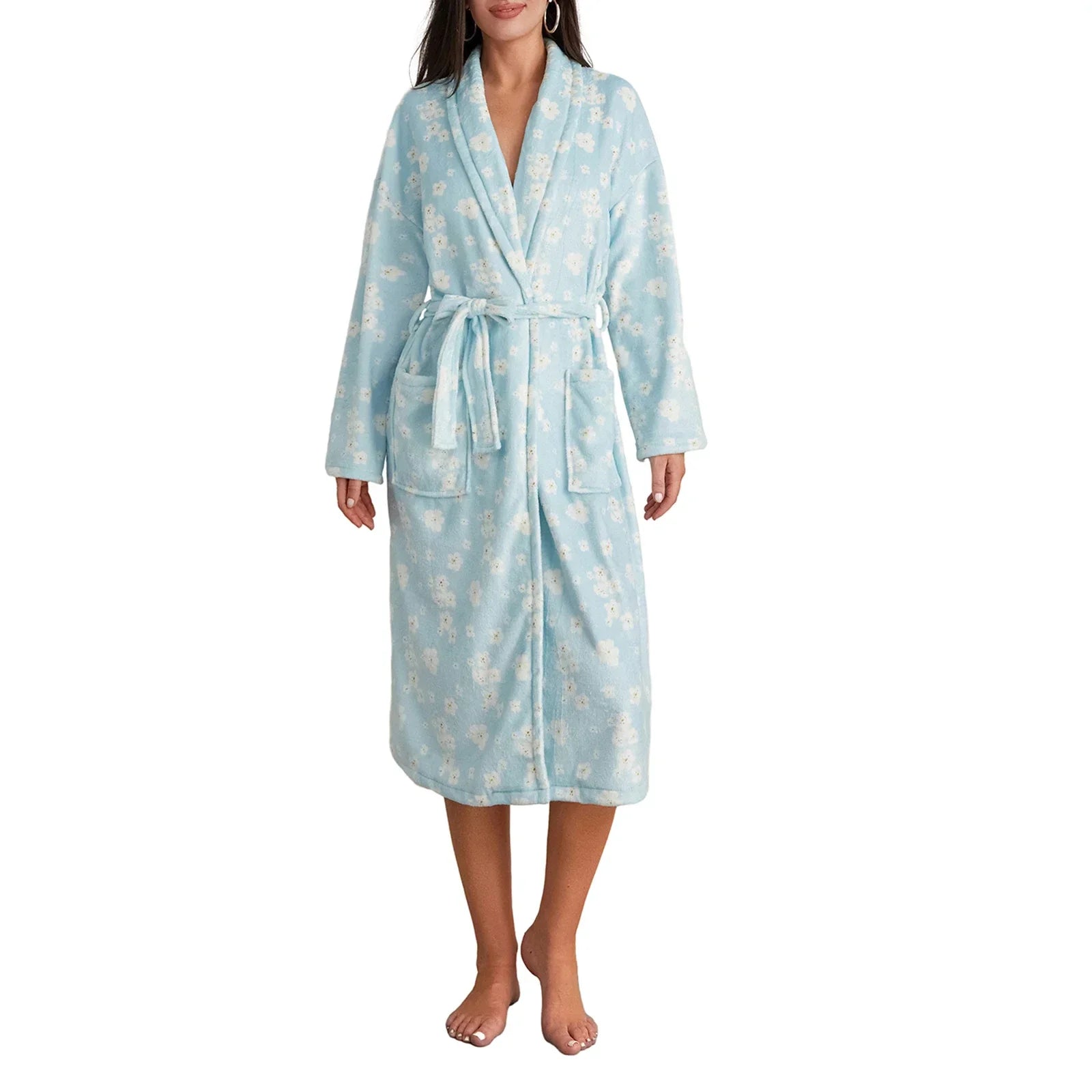 Floral Print Women's Dressing Gown – Soft Flannel Bathrobe with Shawl Collar and Adjustable Belt for Cozy Comfort 9