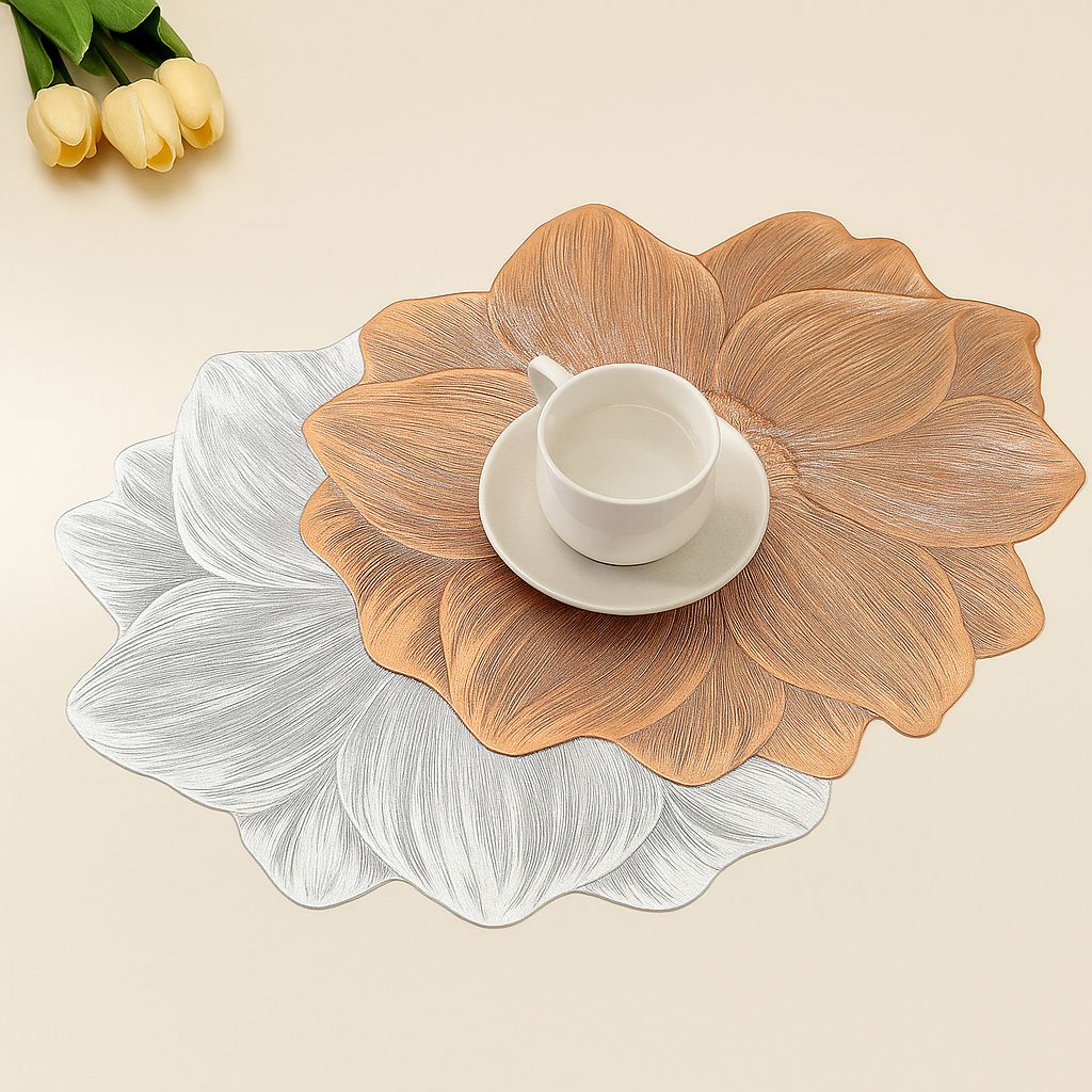 Floral-patterned placemats with a cup and saucer on a beige background