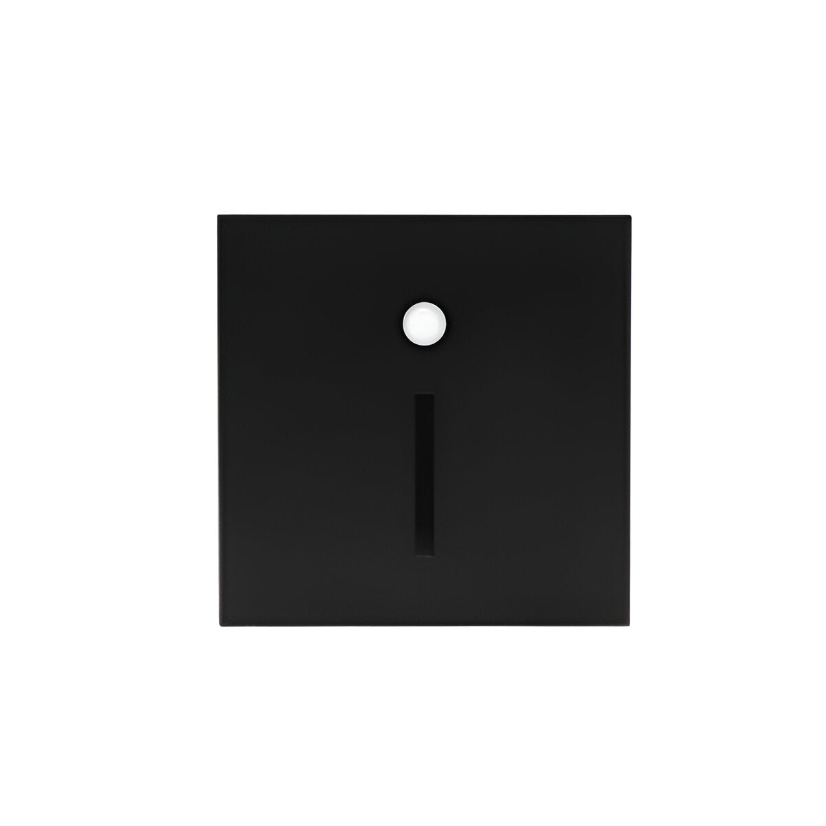 Black square with a white circle and line on a white background