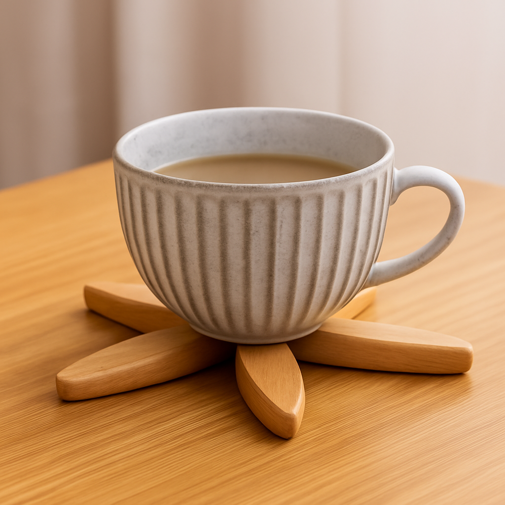 White ceramic mug with ribbed texture filled with a warm beverage on a wooden coaster.