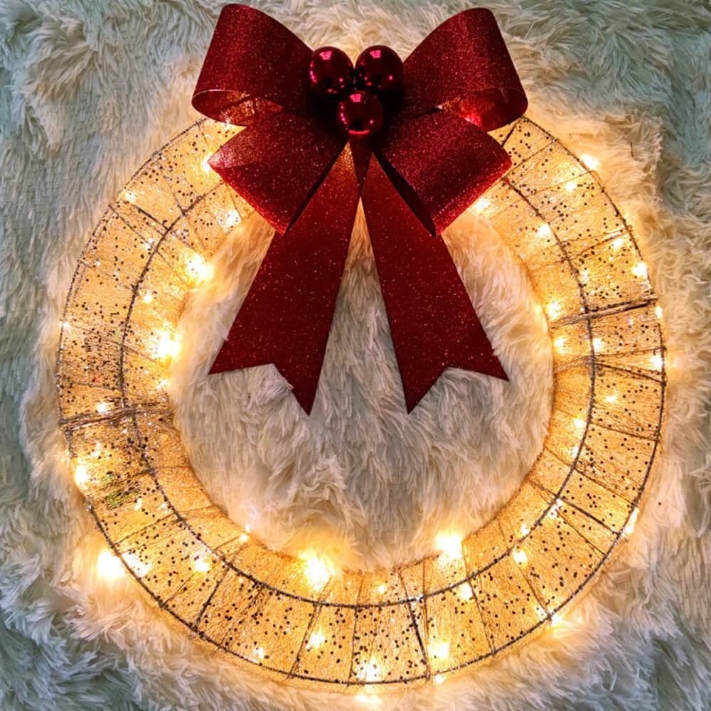 GlowBow Christmas Wreath with 400 LED Lights – Elegant Gold and Green Outdoor Christmas Door Wreath for Festive Decor 1