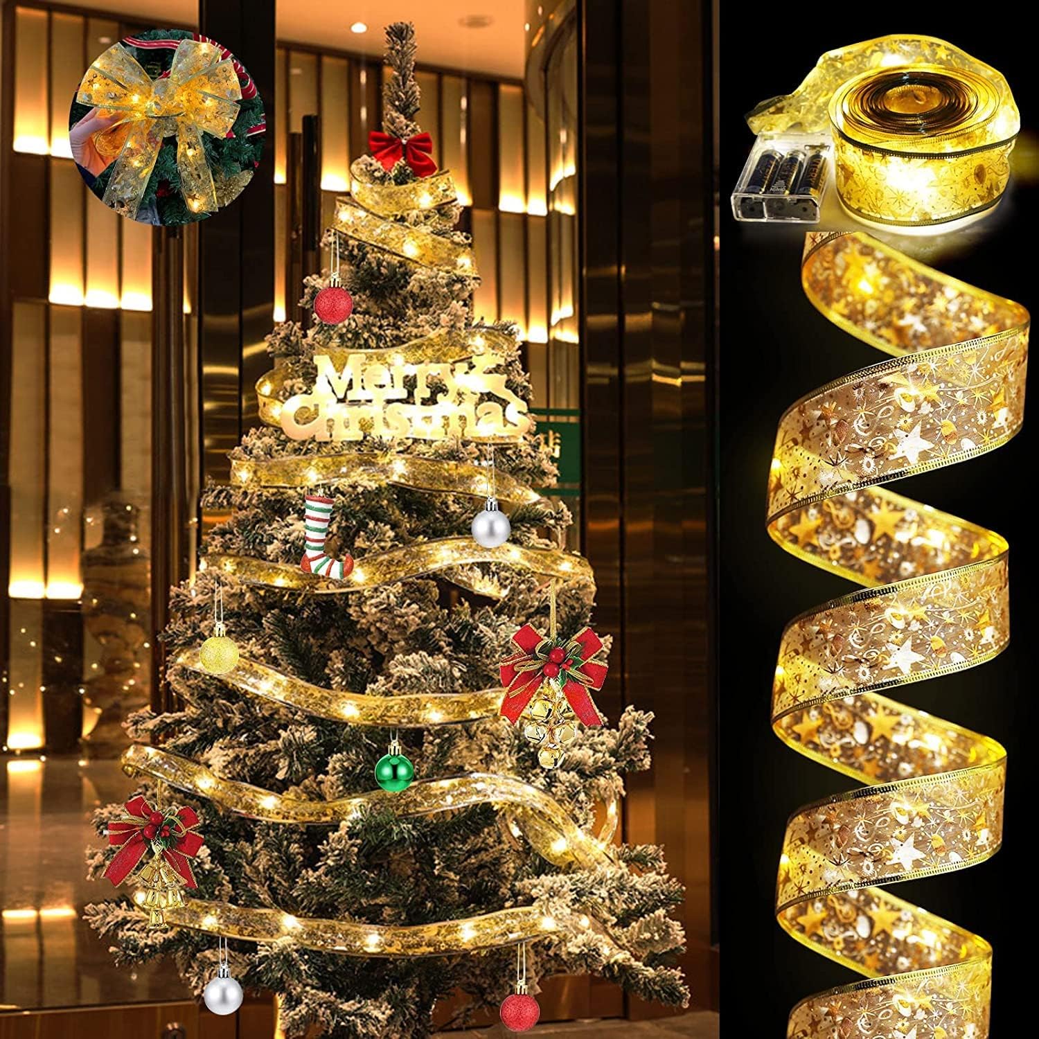 Gold Christmas Tree Ribbon with Built-in LED Lights – 50 cm Wired Decorative Holiday Ribbon 0