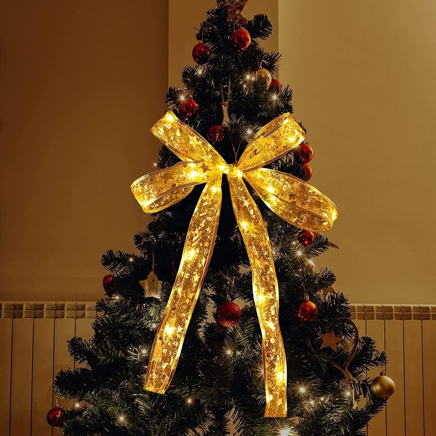 Gold Christmas Tree Ribbon with Built-in LED Lights – 50 cm Wired Decorative Holiday Ribbon 1