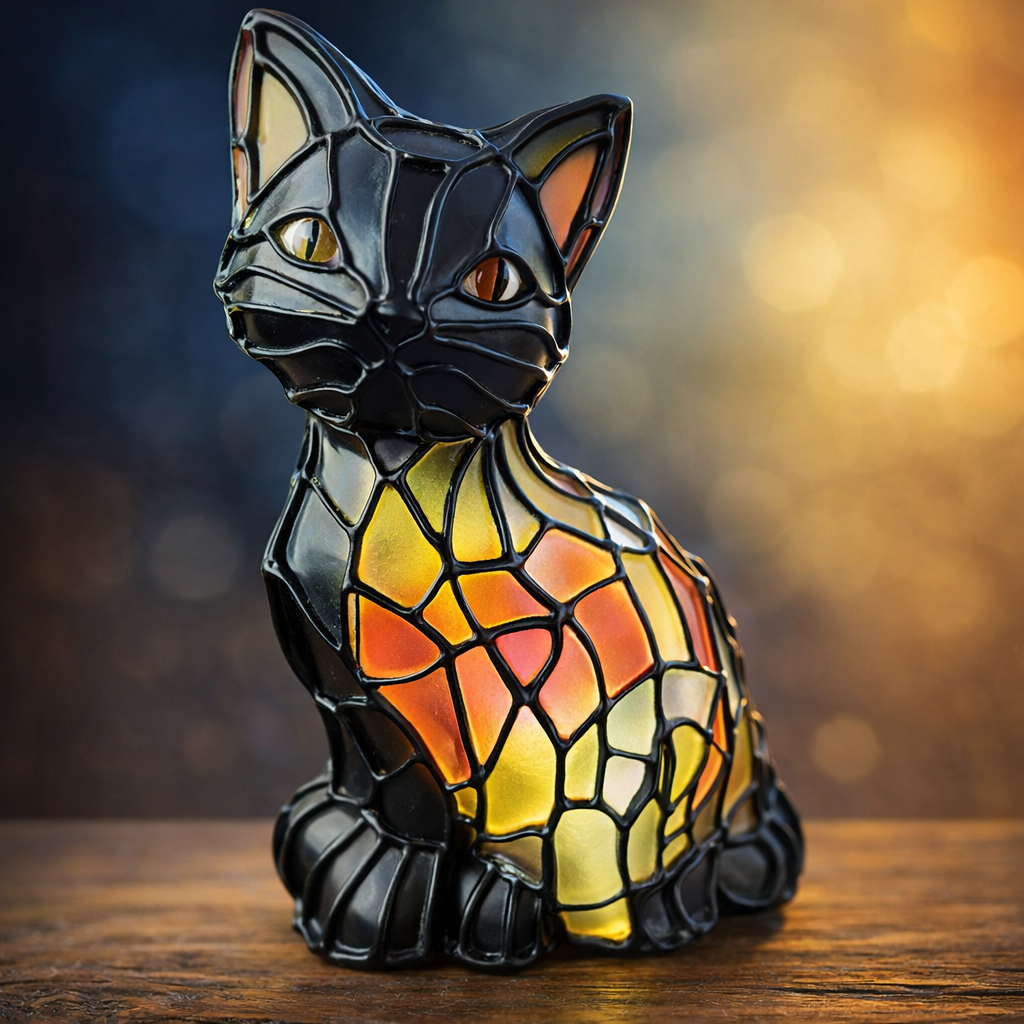 Tiffany-Style Black Cat Lamp – Stained Resin Figurine with Warm Amber Glow