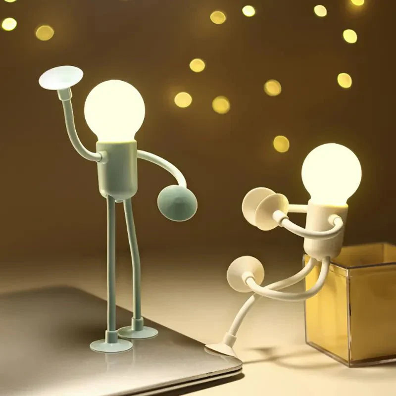 Two lamp-shaped figures interacting with a smartphone on a warm-toned background