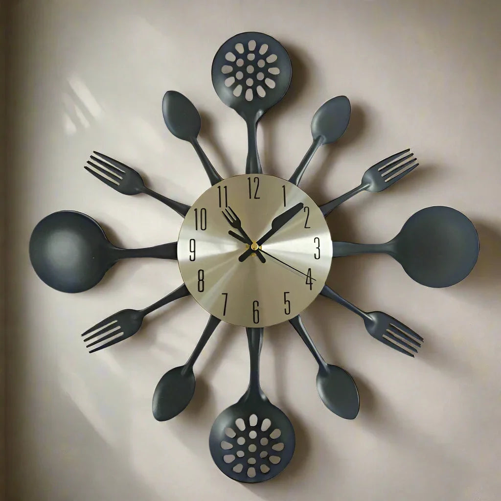 Wall clock designed with black cutlery on a beige wall