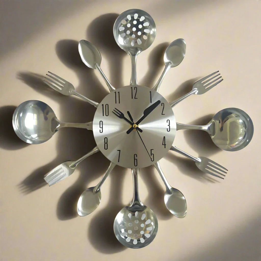 Wall clock designed with silver spoons, forks, and ladles on a beige background