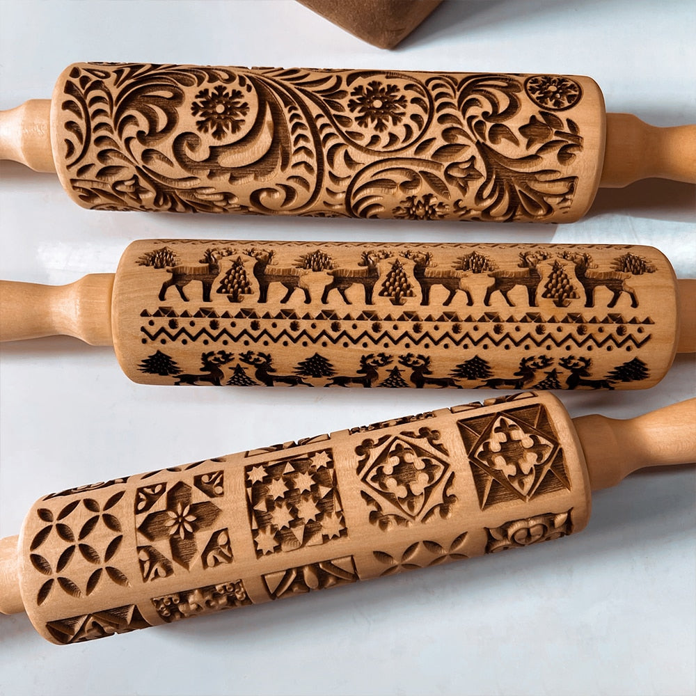 Handcrafted Embossed Rolling Pin for Holiday Baking – 35cm Beech Wood with Festive Reindeer and Snowflake Designs 9