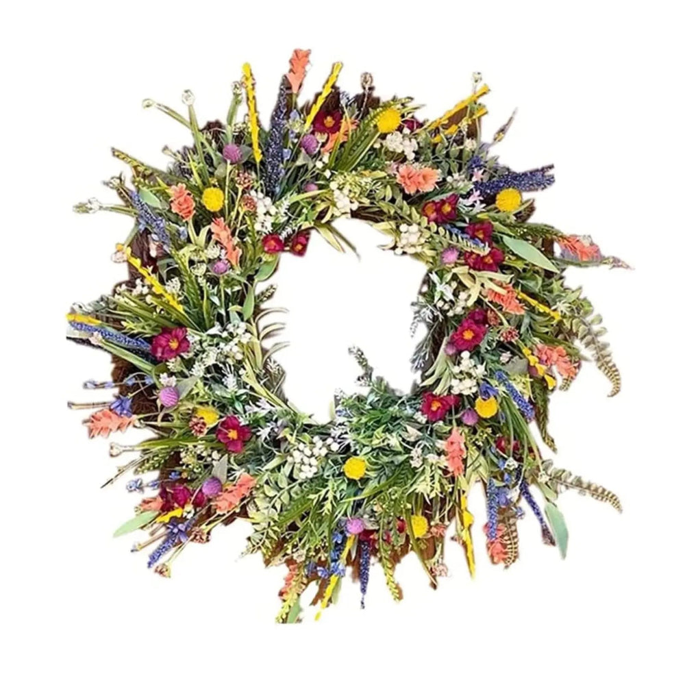 Colorful floral wreath with greenery on a white background