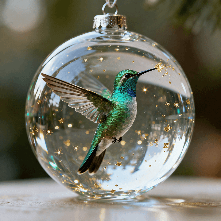 Clear glass ornament with a green hummingbird design on a blurred natural background
