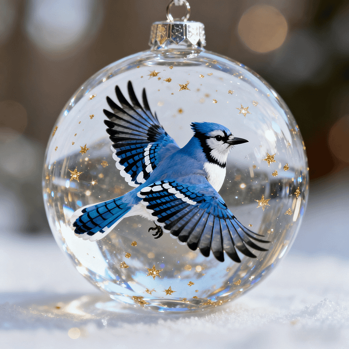 Clear glass ornament with a blue jay design on a snowy background
