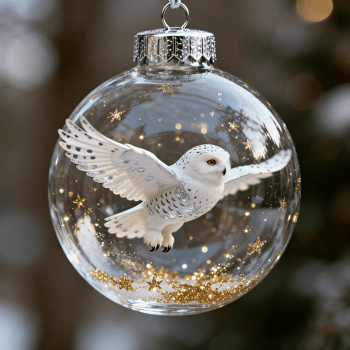 Clear glass ornament with a white owl design against a blurred festive background