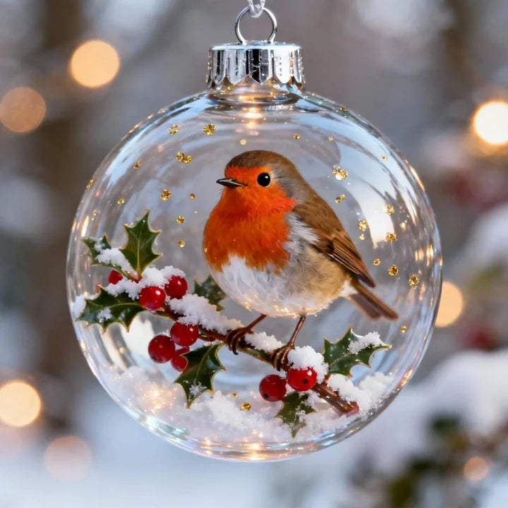Clear Christmas ornament with a robin and holly berries on a blurred festive background