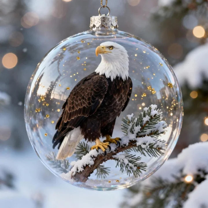 Clear Christmas ornament with a bald eagle on a branch, set against a snowy background.