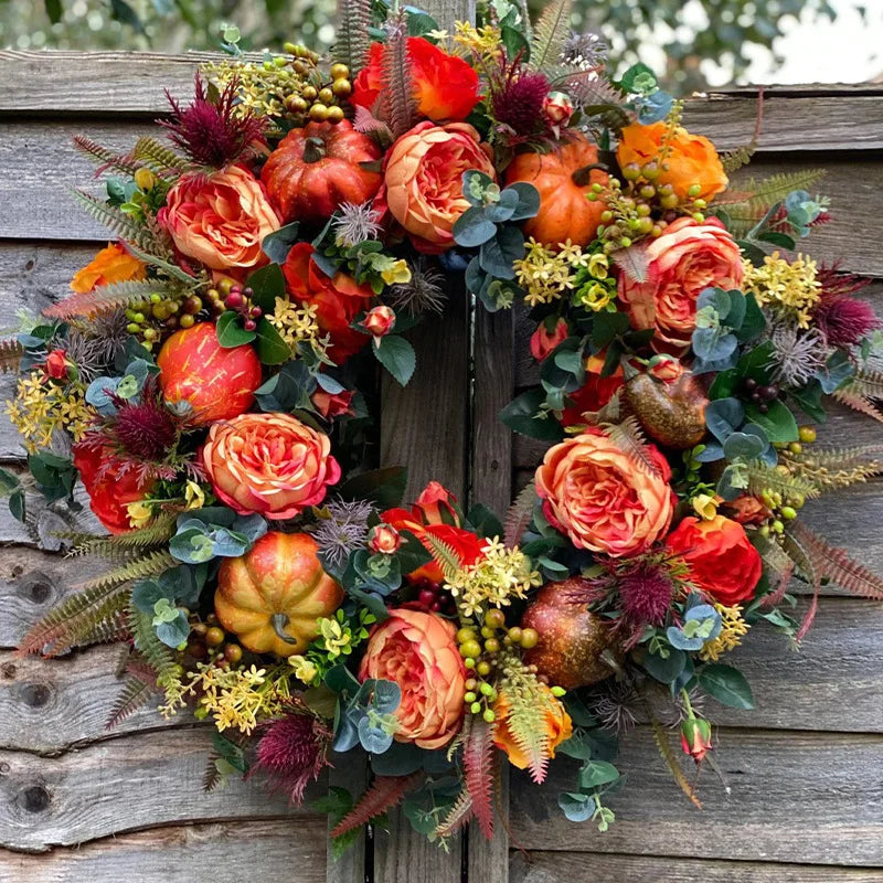 Decorative wreath with pumpkins and flowers on a wooden background
